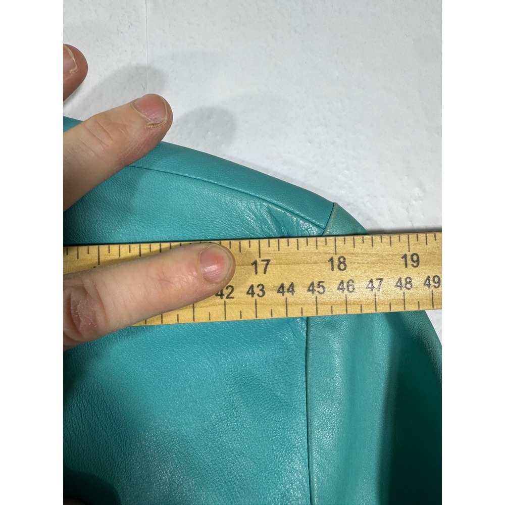 Badgley Mischka Vintage Teal Leather Jacket Silk Lined Cropped Tie Waist Sz‎ M/8 - Picture 10 of 15